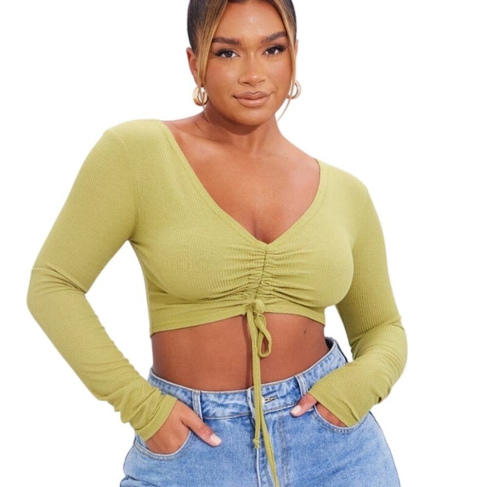 PrettyLittleThing Olive Babydoll Crop Top 6 Light Rib Long Sleeve Ruched Y2K NWT